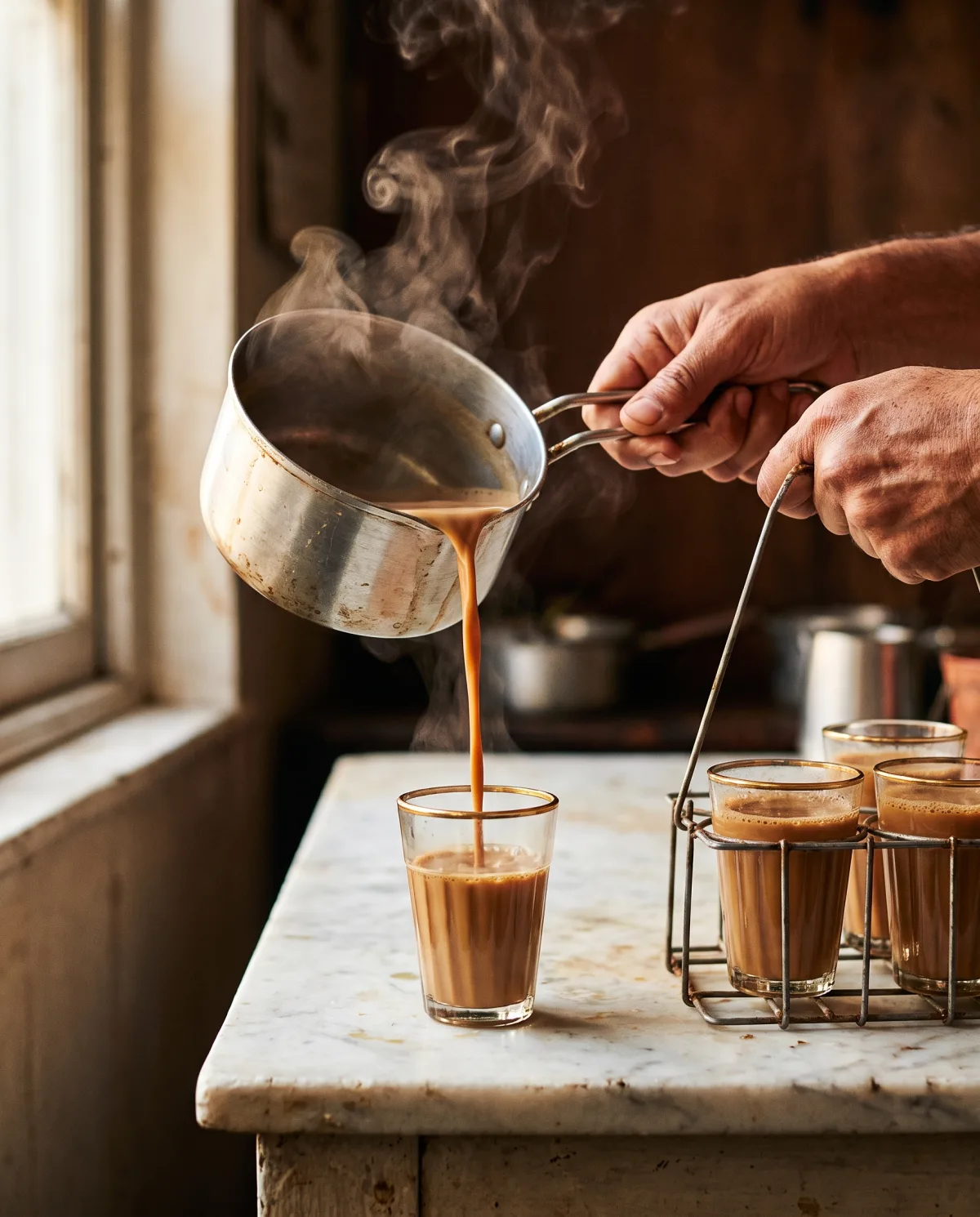 Chai being poured from a steel saucepan, held high, into a small glass